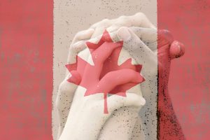 Multicultural group of hands and Canadian flag