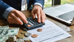 Hands using a calculator next to Canadian coins and banknotes on a wooden table, with a small metal shield paperweight and a blurred loan agreement and laptop in the background
