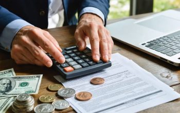 Hands using a calculator next to Canadian coins and banknotes on a wooden table, with a small metal shield paperweight and a blurred loan agreement and laptop in the background