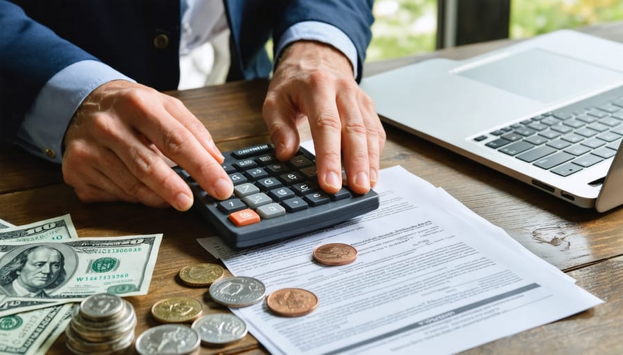 Hands using a calculator next to Canadian coins and banknotes on a wooden table, with a small metal shield paperweight and a blurred loan agreement and laptop in the background