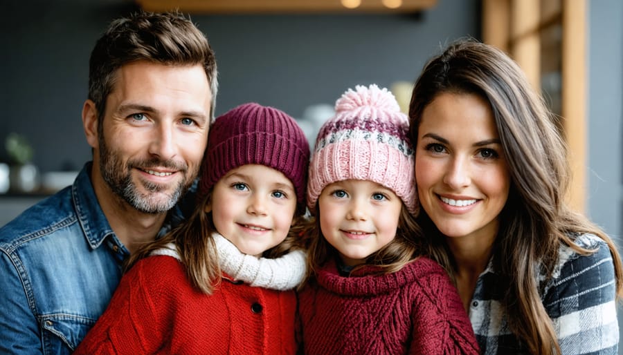 Diverse family reviewing finances and bills together at kitchen table with laptop