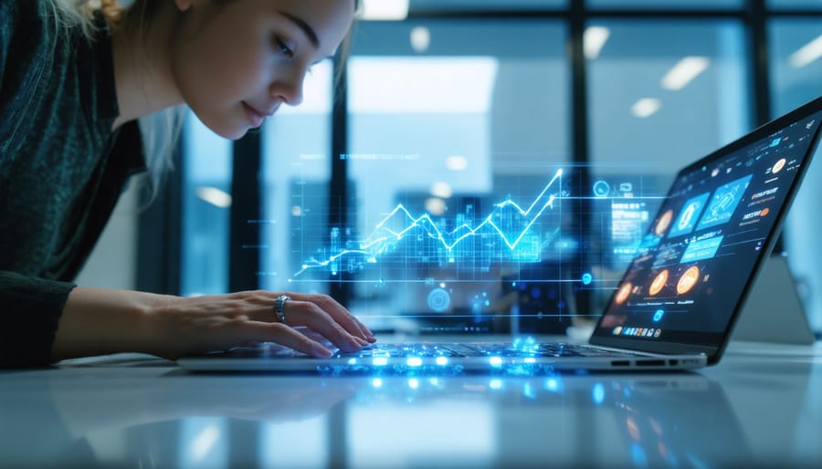 Person using smartphone and laptop for online financial application at desk with Canadian flag