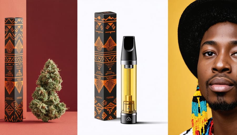 THCa vape cartridge with Indigenous-inspired design on natural wood surface with cannabis leaves