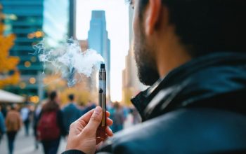 Close-up of a hand holding a THCa vape cartridge pen emitting a faint wisp of vapor at golden hour, with the Toronto skyline and diverse friends softly blurred in the background.