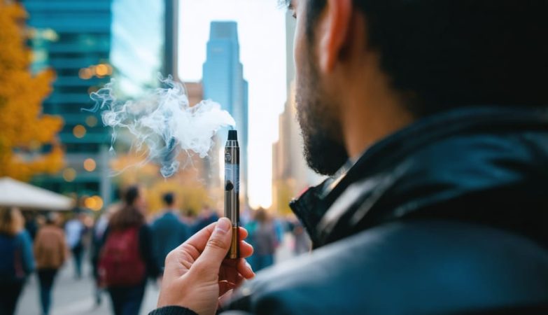 Close-up of a hand holding a THCa vape cartridge pen emitting a faint wisp of vapor at golden hour, with the Toronto skyline and diverse friends softly blurred in the background.