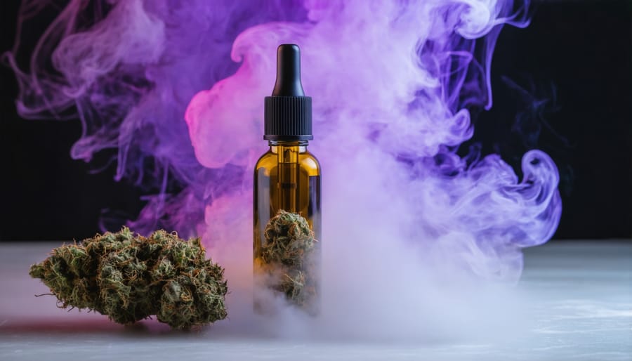 Hands holding disassembled vape cartridge components for recycling with green background