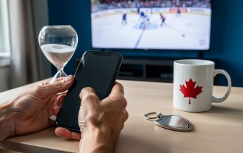 Hands holding a smartphone on a coffee table with a glass hourglass and shield-shaped keychain, a red maple leaf mug, and a blurred TV showing a hockey rink, lit by soft natural daylight.
