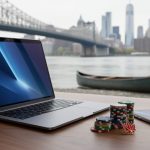 Laptop and smartphone next to poker chips and a red maple leaf pin on a wooden table, with a blurred river, steel bridge, distant skyline, and a beached canoe in the background.