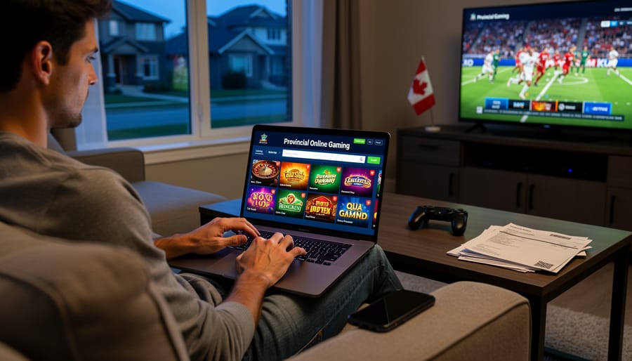 Person using laptop and smartphone for online activities representing digital gambling access