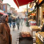 Diverse people interacting at Toronto’s Kensington Market— a hijab-wearing woman chats with a Sikh shopkeeper near a street grill and pastry stall, with colorful storefronts and bicycles in warm golden-hour light, no readable signage