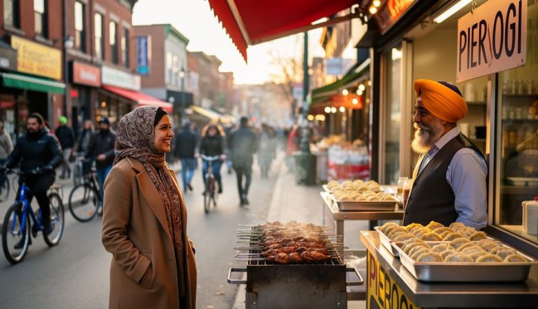 Diverse people interacting at Toronto’s Kensington Market— a hijab-wearing woman chats with a Sikh shopkeeper near a street grill and pastry stall, with colorful storefronts and bicycles in warm golden-hour light, no readable signage