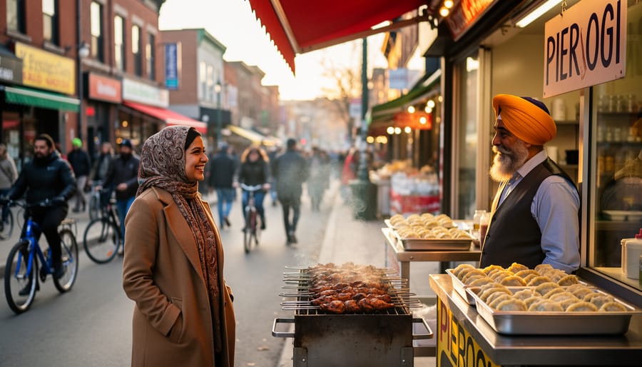 Diverse people interacting at Toronto’s Kensington Market— a hijab-wearing woman chats with a Sikh shopkeeper near a street grill and pastry stall, with colorful storefronts and bicycles in warm golden-hour light, no readable signage