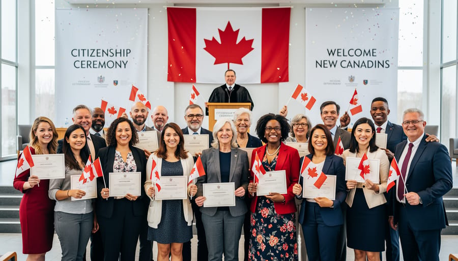 Diverse group of new Canadian citizens holding flags at citizenship ceremony