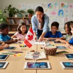 Teacher with diverse elementary students around a table in a Canadian classroom featuring art supplies, simple science kits, unbranded tablets, a small Canadian flag, and Indigenous beadwork and a drum, lit by soft daylight with blurred shelves and artwork behind them.