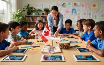 Teacher with diverse elementary students around a table in a Canadian classroom featuring art supplies, simple science kits, unbranded tablets, a small Canadian flag, and Indigenous beadwork and a drum, lit by soft daylight with blurred shelves and artwork behind them.