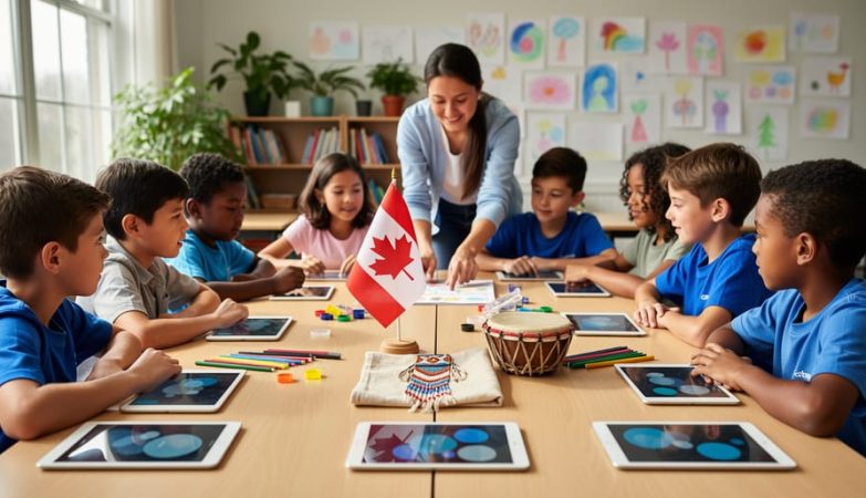 Teacher with diverse elementary students around a table in a Canadian classroom featuring art supplies, simple science kits, unbranded tablets, a small Canadian flag, and Indigenous beadwork and a drum, lit by soft daylight with blurred shelves and artwork behind them.