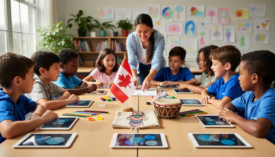 Teacher with diverse elementary students around a table in a Canadian classroom featuring art supplies, simple science kits, unbranded tablets, a small Canadian flag, and Indigenous beadwork and a drum, lit by soft daylight with blurred shelves and artwork behind them.