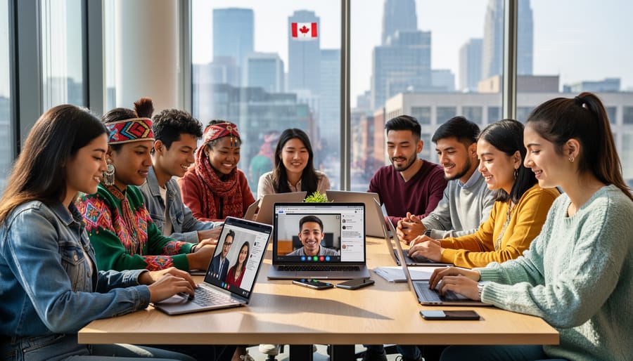 Diverse young Canadians collaborating with technology in modern workspace