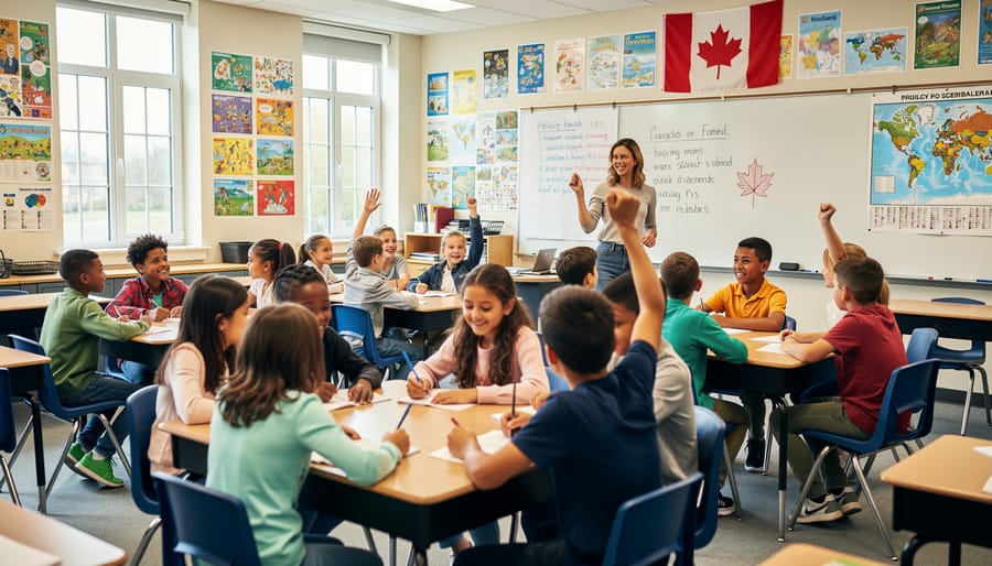 Diverse group of elementary students working together in a Canadian classroom