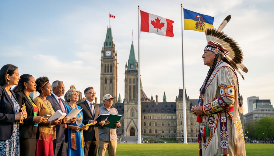 Indigenous elder in traditional regalia standing with person in contemporary dress