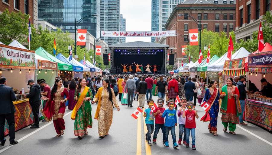 Aerial view of diverse multicultural festival with colorful pavilions and crowds in urban park