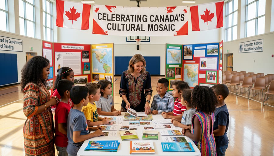 Students in traditional cultural clothing celebrating diversity at school multicultural event