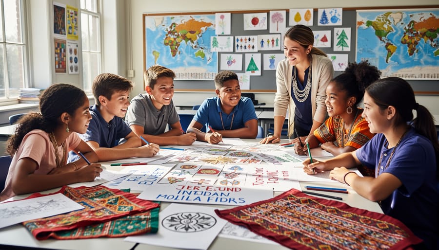 Diverse students collaborate at a classroom table with cultural materials like crafts and instruments in the background.