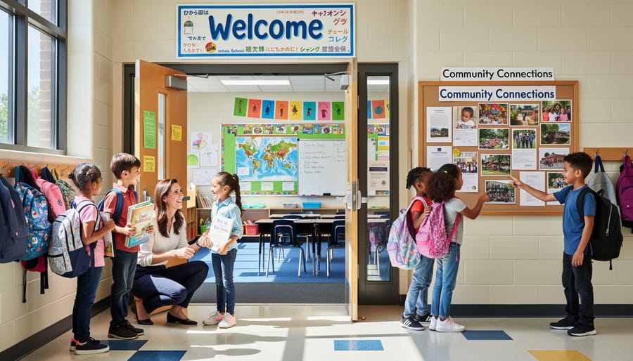 Students gather in a Canadian classroom doorway holding community and cultural learning materials.