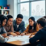 “Students from diverse backgrounds collaborating in a Canadian classroom with daylight streaming through a window showing subtle cultural pattern reflections.”