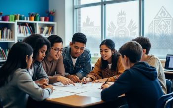 “Students from diverse backgrounds collaborating in a Canadian classroom with daylight streaming through a window showing subtle cultural pattern reflections.”