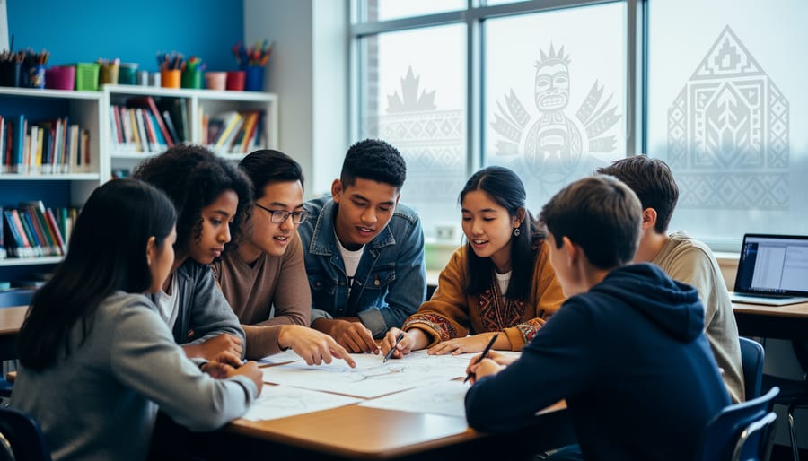 “Students from diverse backgrounds collaborating in a Canadian classroom with daylight streaming through a window showing subtle cultural pattern reflections.”