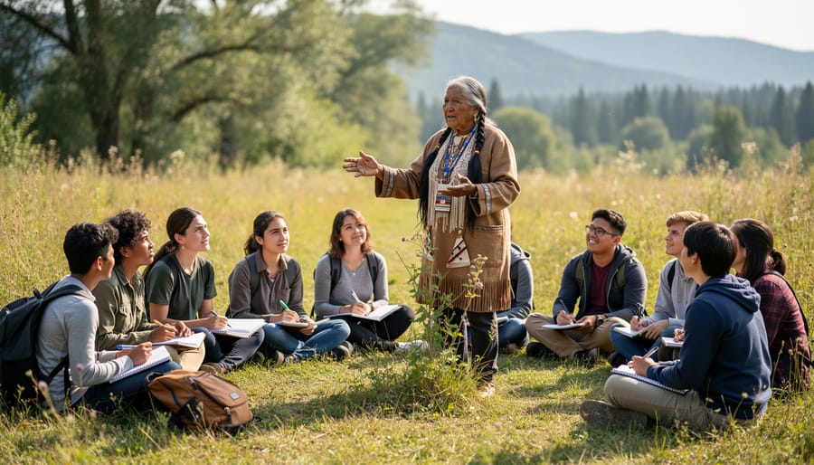 Indigenous student and educator share learning outdoors with a drum and woven textile in the foreground.