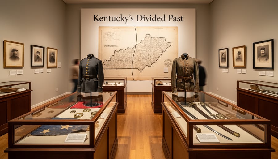Civil War, era uniform and personal items displayed behind glass in the museum.