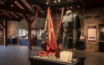 Interior view of the Kentucky Military History Museum with displayed battle flags, a vintage rifle, medals, and personal letters in a museum case.