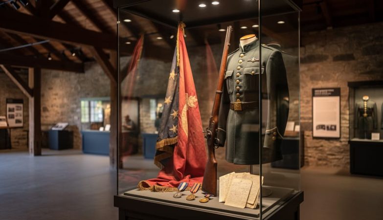 Interior view of the Kentucky Military History Museum with displayed battle flags, a vintage rifle, medals, and personal letters in a museum case.