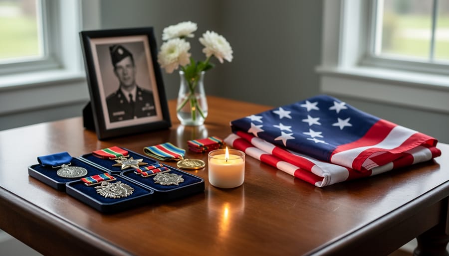 Medals and memorial display items photographed in warm golden light inside a museum gallery.