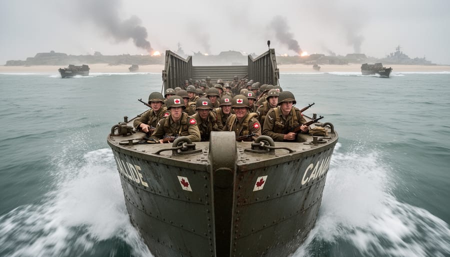 Amphibious landing craft moving through choppy water toward a distant shore