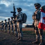 Canadian Armed Forces personnel in formation on a windswept field at dusk, with a draped Canadian flag in the foreground.