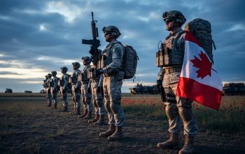 Canadian Armed Forces personnel in formation on a windswept field at dusk, with a draped Canadian flag in the foreground.