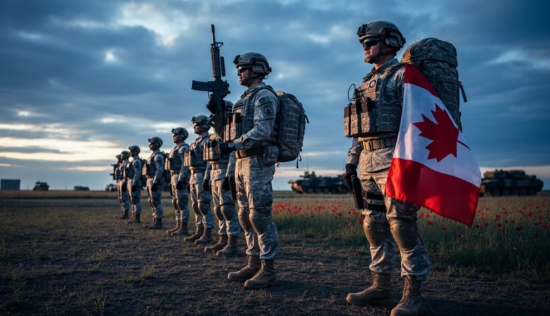 Canadian Armed Forces personnel in formation on a windswept field at dusk, with a draped Canadian flag in the foreground.