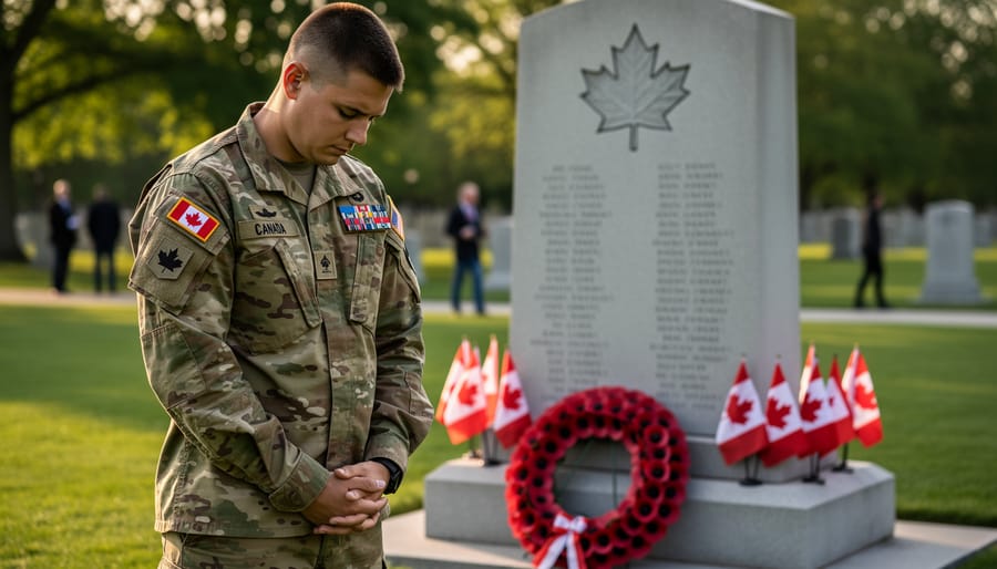 A Canadian service member stands at dusk in front of a memorial with a flag draped nearby