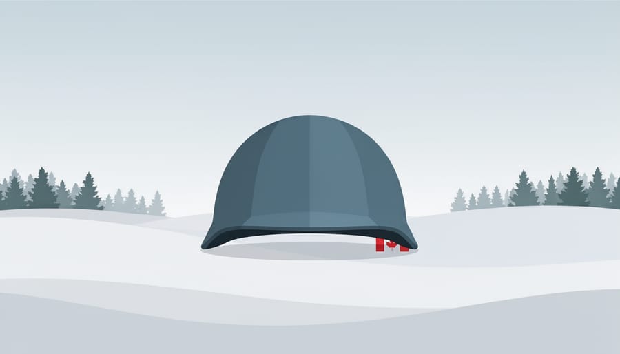 Peacekeeping helmet resting on a bench with a folded Canadian flag in a snowy winter landscape