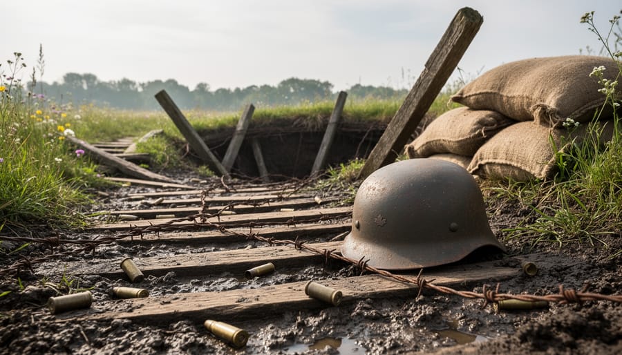 WWI trench ground with scattered helmets and boots in muddy, rainy conditions