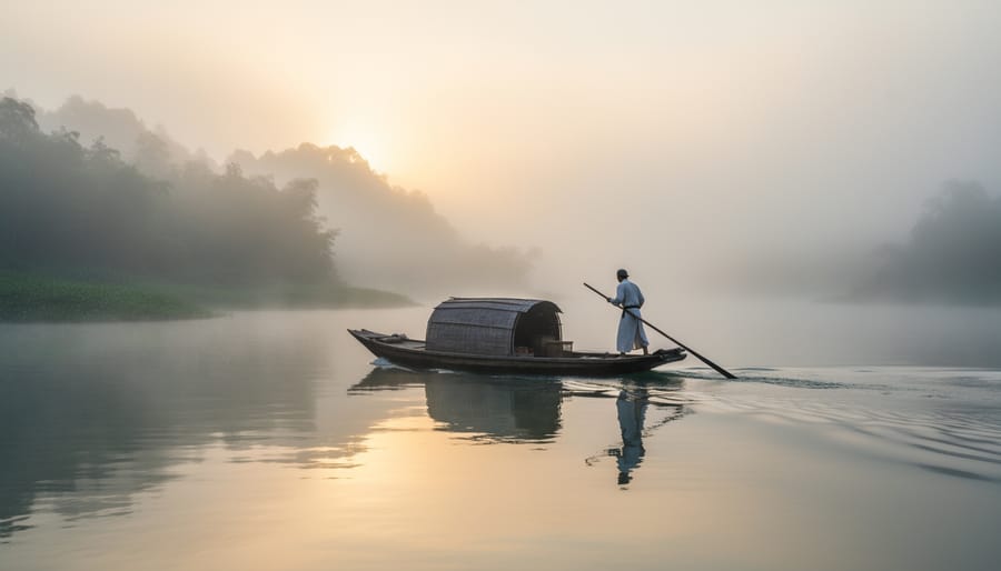 A traditional wooden sampan glides through misty river waters with reeds and a distant shoreline in the background.