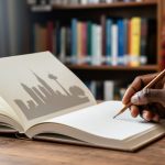 An open book on a wooden table with a Black author’s hand holding a pencil, while blurred library shelves and subtle page shadows suggest Canadian city and prairie landscapes.