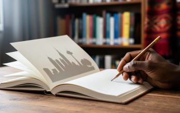 An open book on a wooden table with a Black author’s hand holding a pencil, while blurred library shelves and subtle page shadows suggest Canadian city and prairie landscapes.