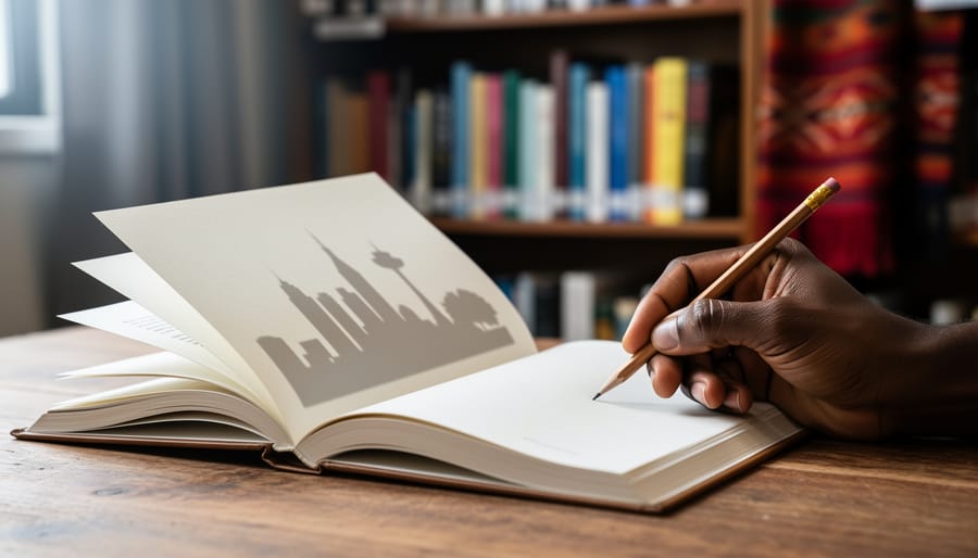 An open book on a wooden table with a Black author’s hand holding a pencil, while blurred library shelves and subtle page shadows suggest Canadian city and prairie landscapes.
