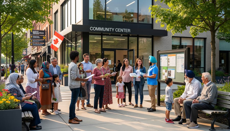 A diverse group gathers outside a Canadian community center in soft daylight.