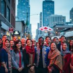 Diverse group of people standing together on a Canadian city street with subtle festival lantern and fan details, representing Canada’s multicultural identity shaped by immigration.