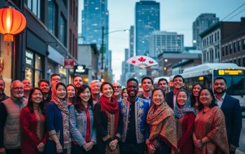 Diverse group of people standing together on a Canadian city street with subtle festival lantern and fan details, representing Canada’s multicultural identity shaped by immigration.